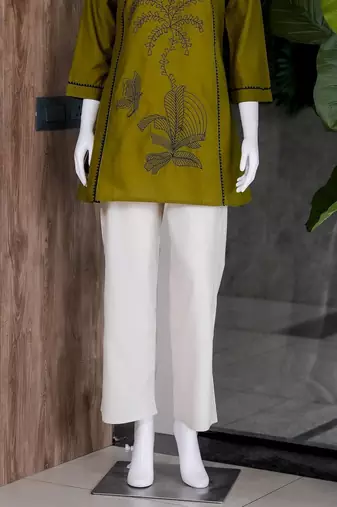 New elegant olive green cotton kurta with black botanical embroidery and white trousers