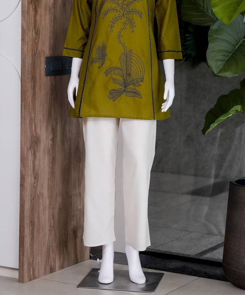 New elegant olive green cotton kurta with black botanical embroidery and white trousers