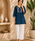 Women's new stylish blue embroidered straight kurta with pant set for women