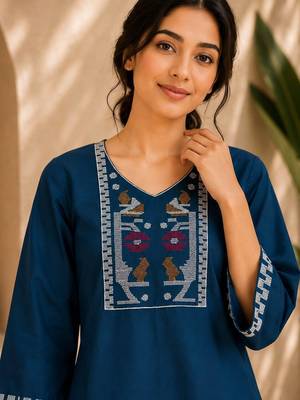 Women's blue embroidered straight kurta with pant set for women 2