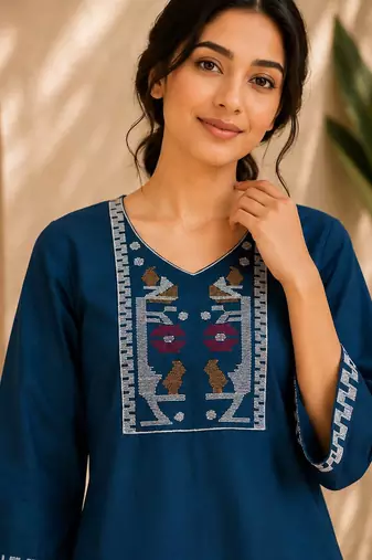 Women's new stylish blue embroidered straight kurta with pant set for women