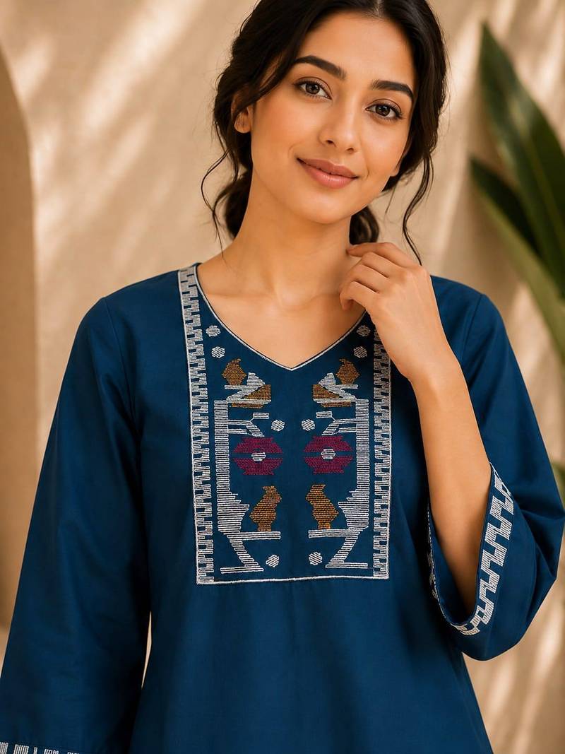 Women's new stylish blue embroidered straight kurta with pant set for women