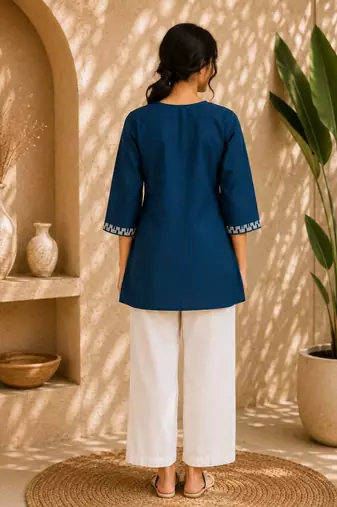 Women's new stylish blue embroidered straight kurta with pant set for women