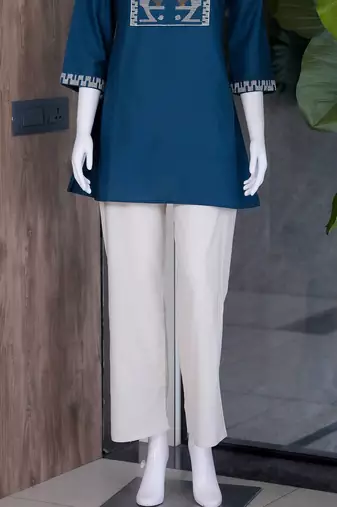 Women's new stylish blue embroidered straight kurta with pant set for women