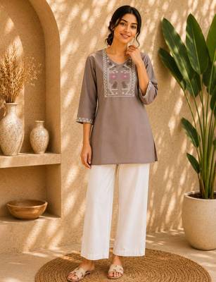 Women's brown embroidered straight kurta with pant set for women 1