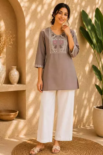 Women's new stylish brown embroidered straight kurta with pant set for women