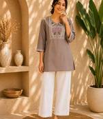 Women's new stylish brown embroidered straight kurta with pant set for women