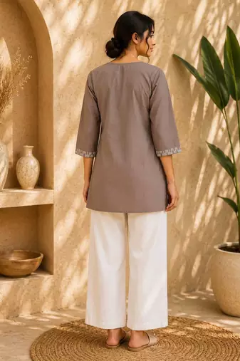 Women's new stylish brown embroidered straight kurta with pant set for women