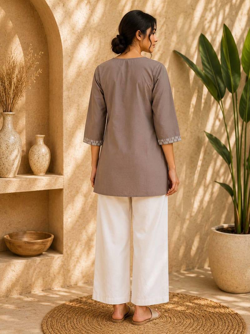 Women's new stylish brown embroidered straight kurta with pant set for women