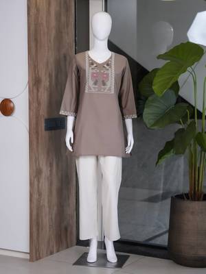 Women's brown embroidered straight kurta with pant set for women 4