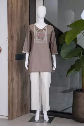 Women's new stylish brown embroidered straight kurta with pant set for women