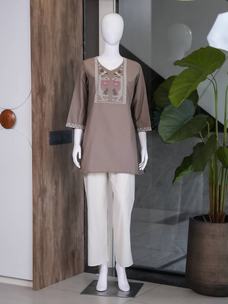 Women's new stylish brown embroidered straight kurta with pant set for women