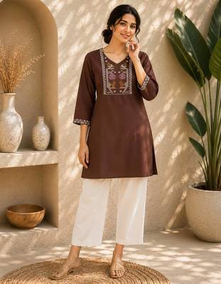 Women's chocolate embroidered straight kurta with pant set for women 1