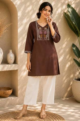 Women's chocolate embroidered straight kurta with pant set for women