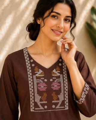 Women's chocolate embroidered straight kurta with pant set for women 2