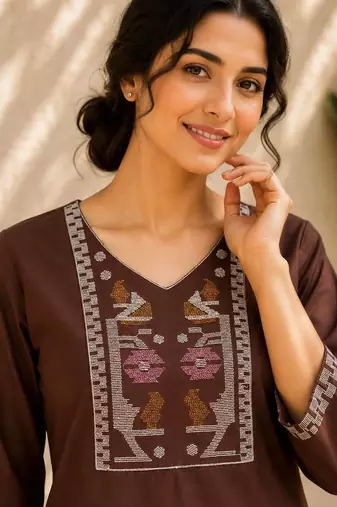 Women's new stylish chocolate embroidered straight kurta with pant set for women