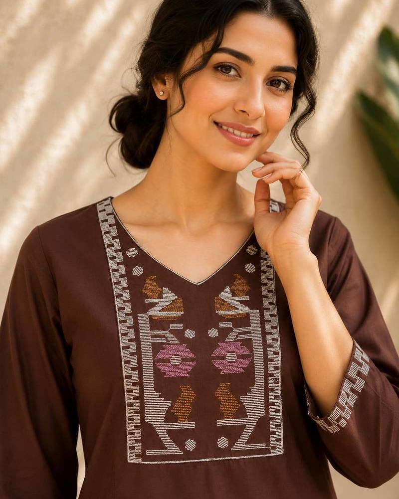 Women's new stylish chocolate embroidered straight kurta with pant set for women