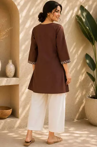 Women's new stylish chocolate embroidered straight kurta with pant set for women