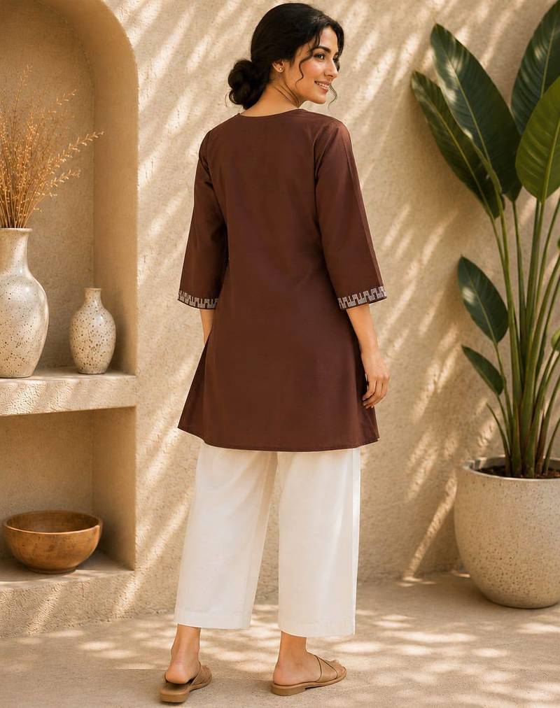 Women's new stylish chocolate embroidered straight kurta with pant set for women