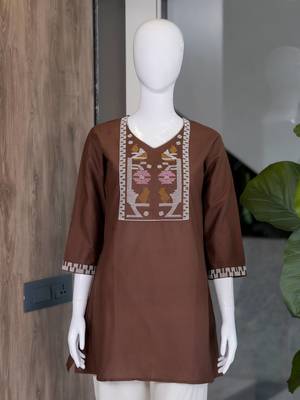 Women's chocolate embroidered straight kurta with pant set for women 4