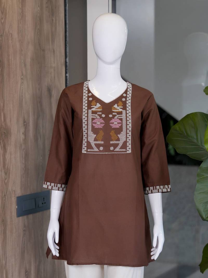 Women's new stylish chocolate embroidered straight kurta with pant set for women