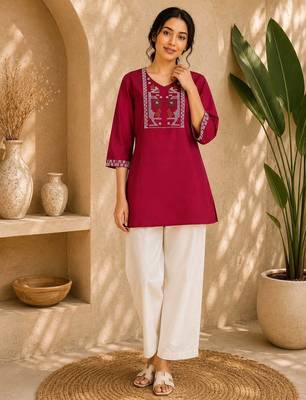 Women's rani pink embroidered straight kurta with pant set for women 1