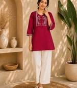 Women's new stylish rani pink embroidered straight kurta with pant set for women