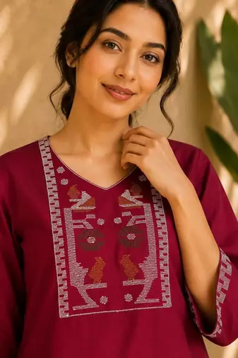 Women's new stylish rani pink embroidered straight kurta with pant set for women