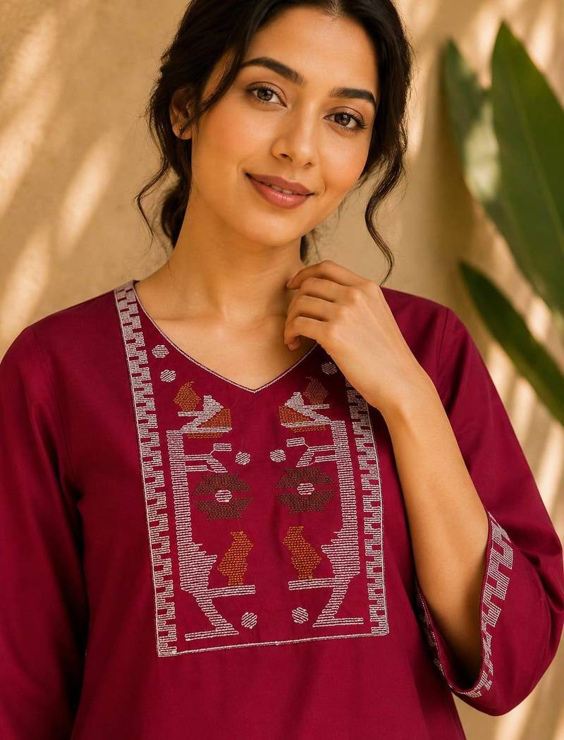 Women's new stylish rani pink embroidered straight kurta with pant set for women