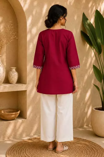 Women's new stylish rani pink embroidered straight kurta with pant set for women
