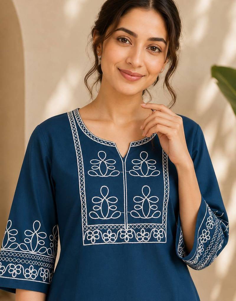 Women's stylish blue ethnic kurti with white pant co-ord set
