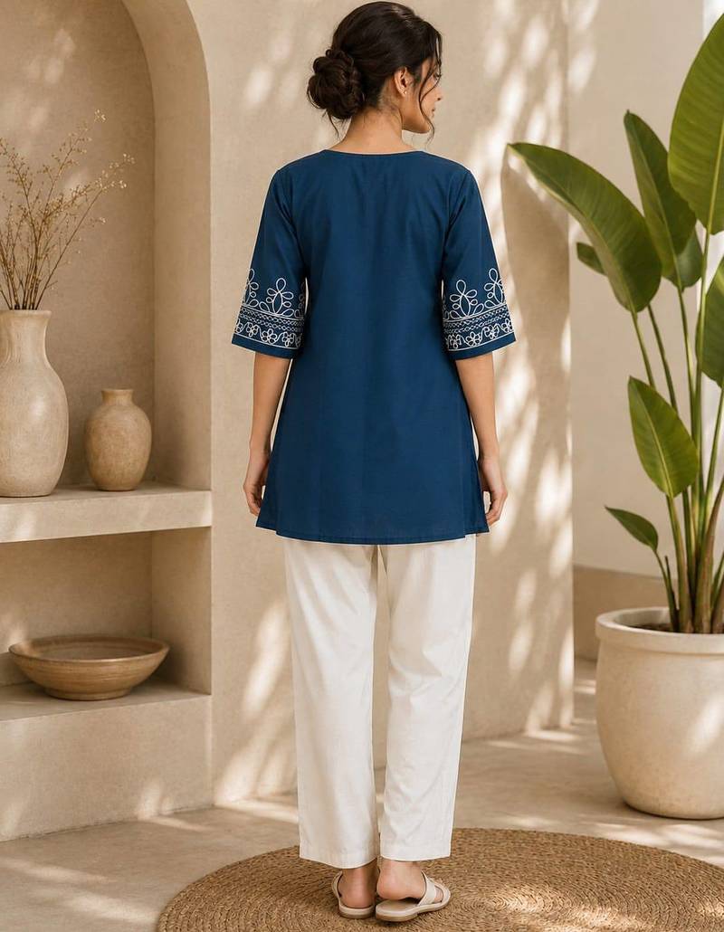 Women's stylish blue ethnic kurti with white pant co-ord set
