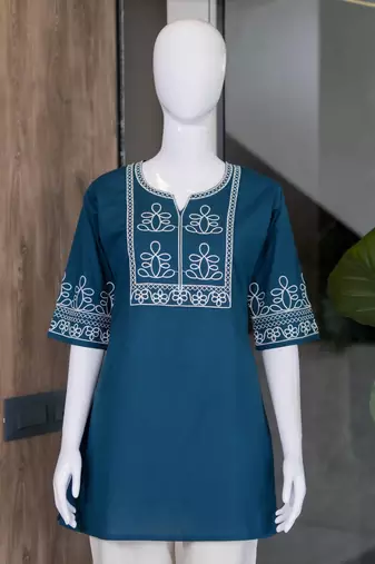 Women's stylish blue ethnic kurti with white pant co-ord set