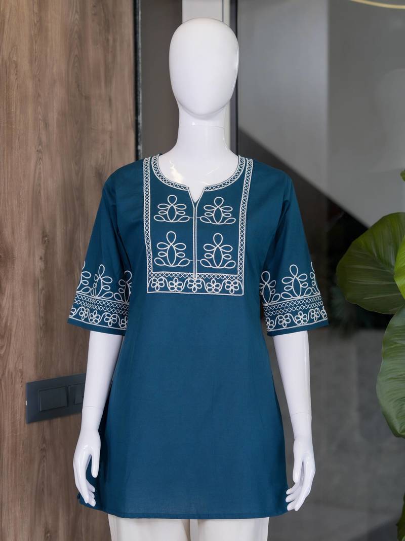 Women's stylish blue ethnic kurti with white pant co-ord set