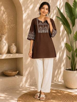 Women's chocolate ethnic kurti with white pant co-ord set 1