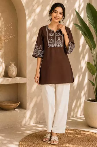 Women's stylish chocolate  ethnic kurti with white pant co-ord set