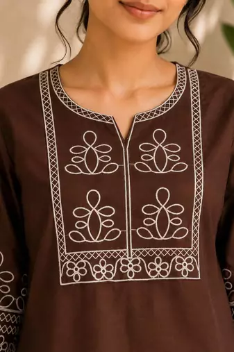 Women's stylish chocolate  ethnic kurti with white pant co-ord set