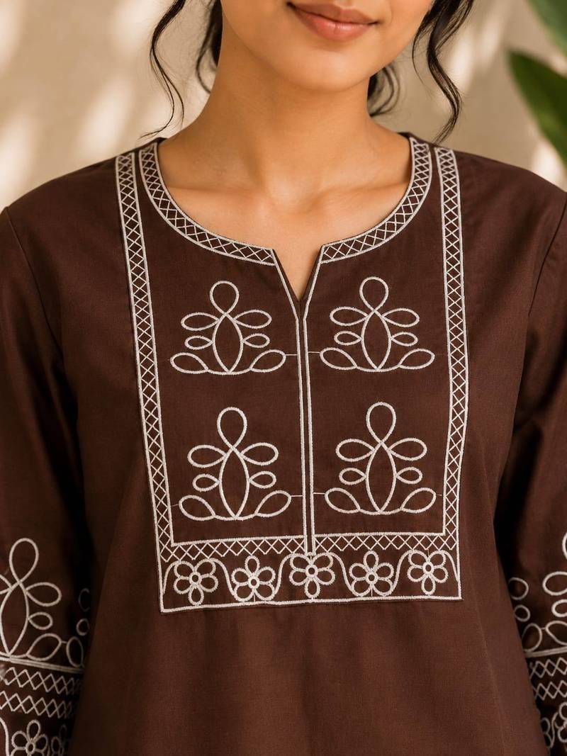 Women's stylish chocolate  ethnic kurti with white pant co-ord set
