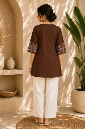 Women's stylish chocolate  ethnic kurti with white pant co-ord set