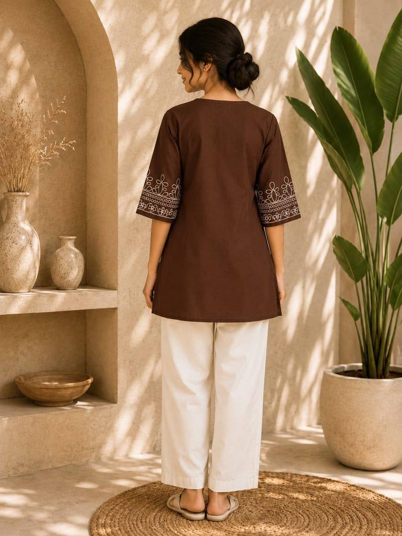 Women's stylish chocolate  ethnic kurti with white pant co-ord set