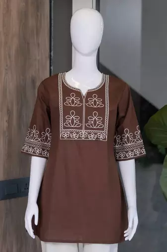 Women's stylish chocolate  ethnic kurti with white pant co-ord set