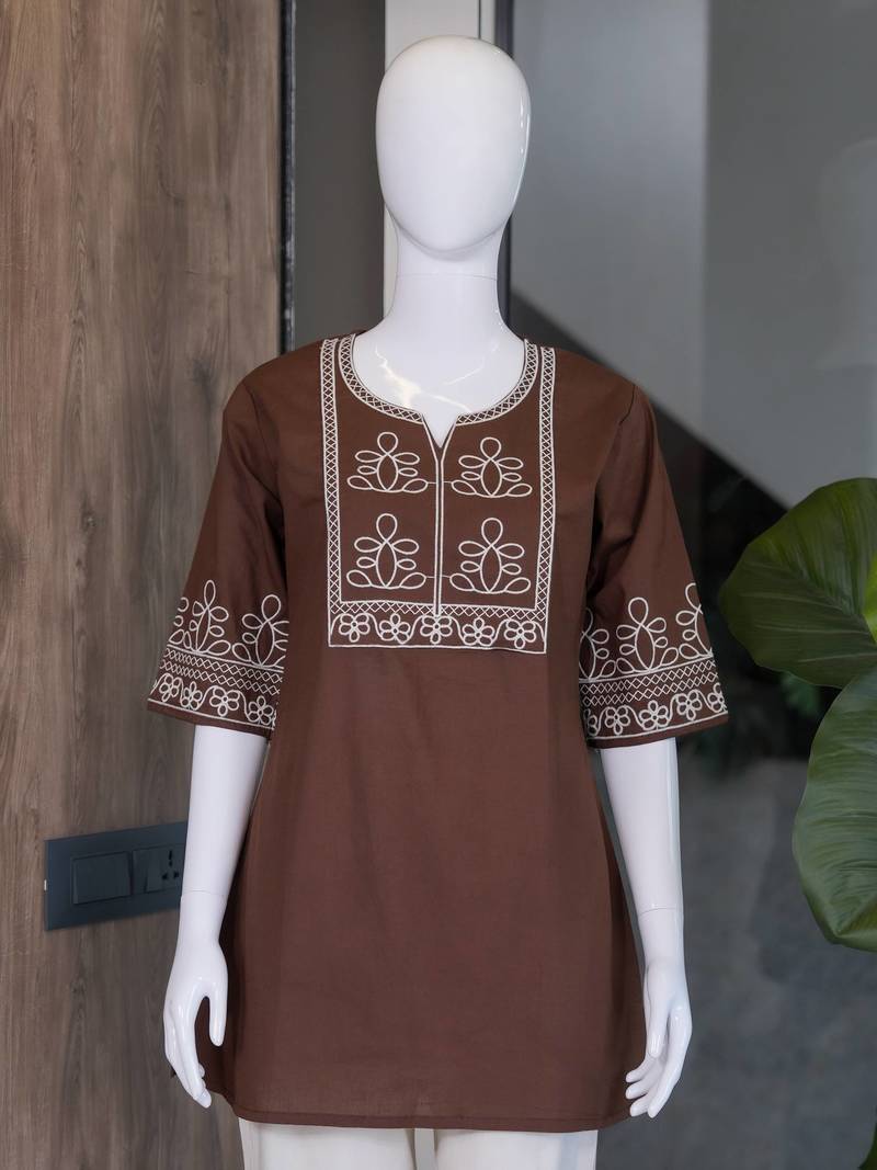 Women's stylish chocolate  ethnic kurti with white pant co-ord set