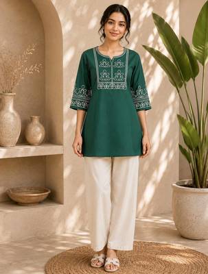 Women's rama ethnic kurti with white pant co-ord set 1