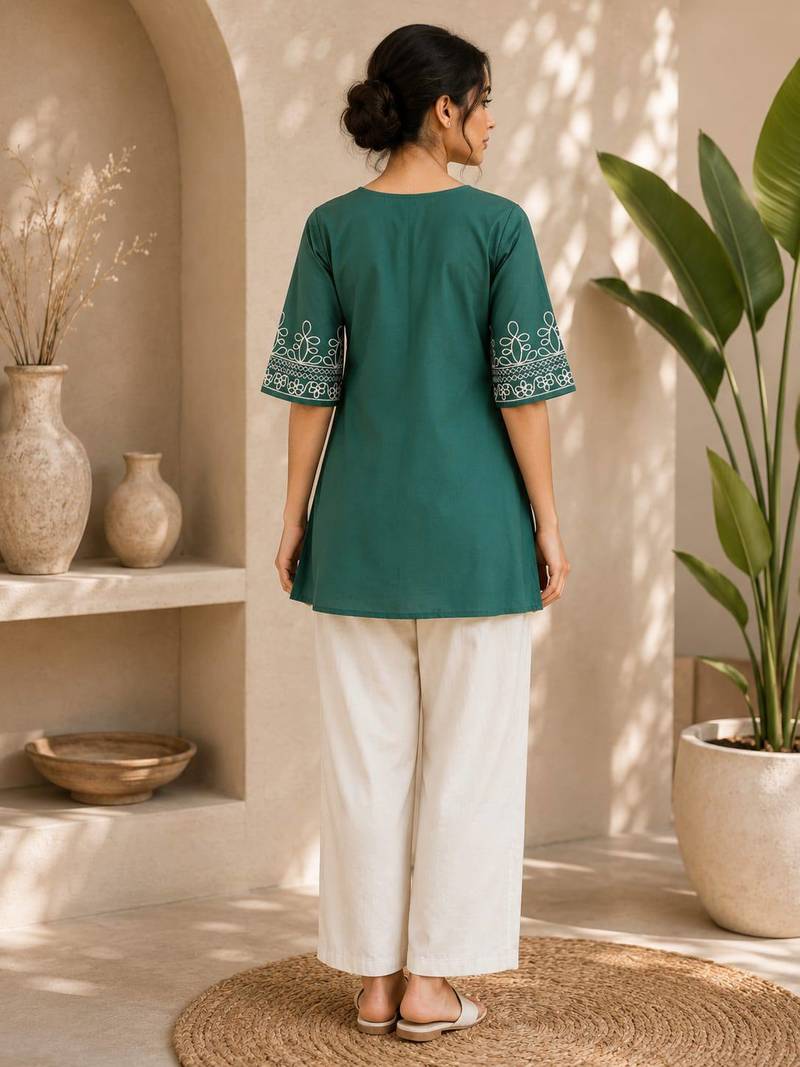 Women's stylish rama ethnic kurti with white pant co-ord set