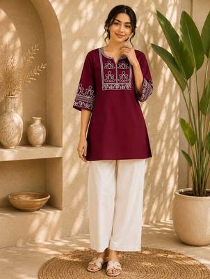 Women's red ethnic kurti with white pant co-ord set 1