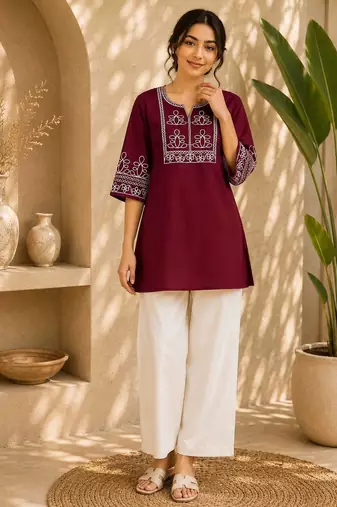 Women's stylish red ethnic kurti with white pant co-ord set