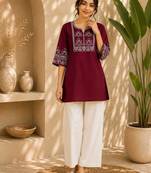 Women's stylish red ethnic kurti with white pant co-ord set