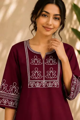 Women's stylish red ethnic kurti with white pant co-ord set