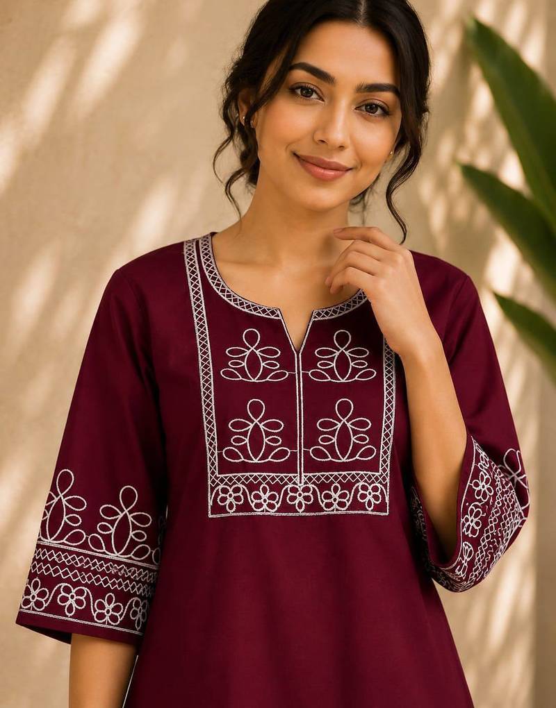 Women's stylish red ethnic kurti with white pant co-ord set