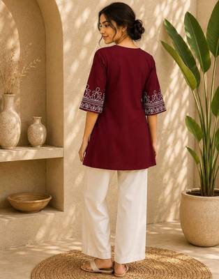 Women's red ethnic kurti with white pant co-ord set 3
